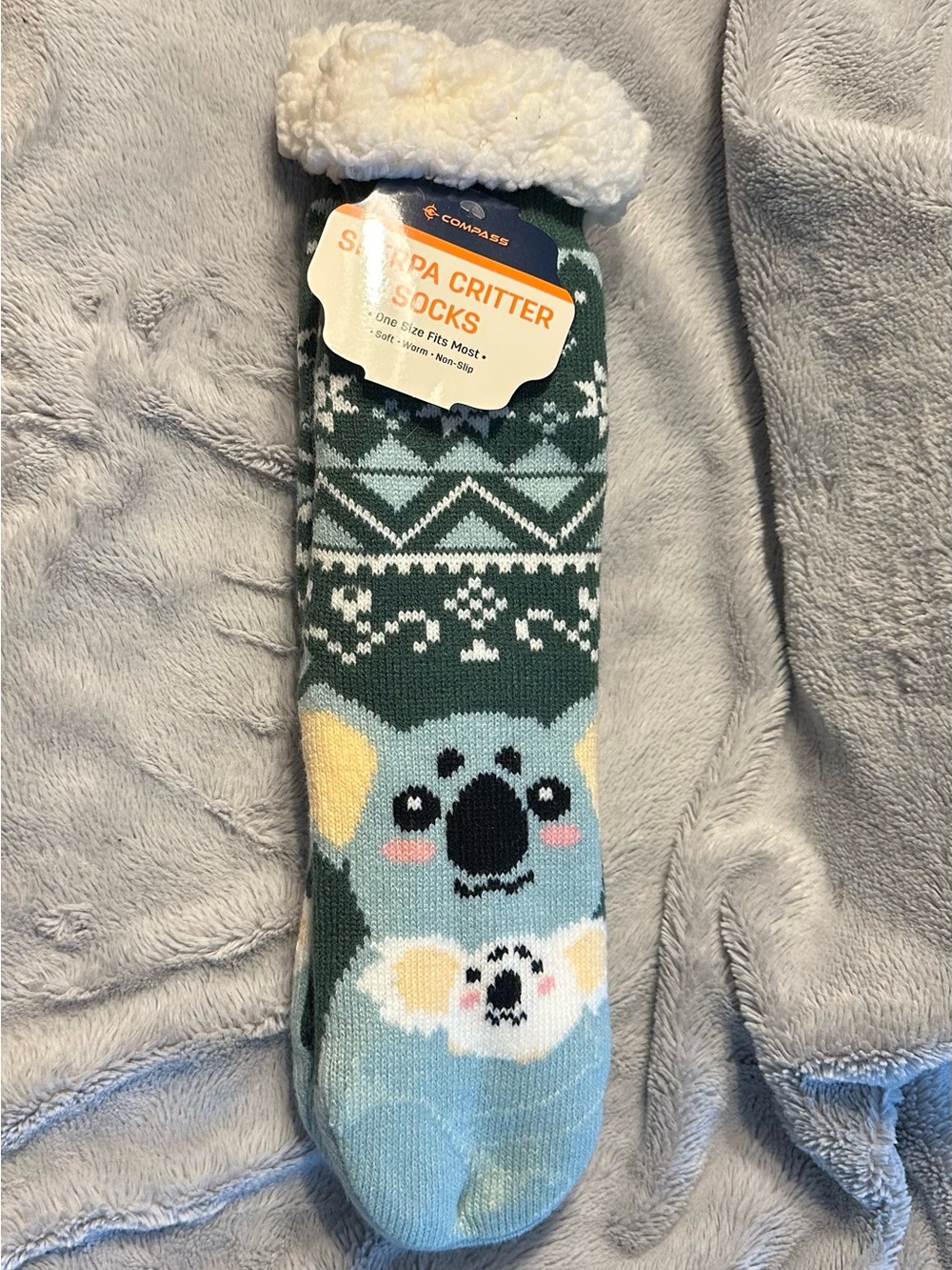 New NWT Compass Sherpa Slipper Socks OSFM Koala Fair Isle Print